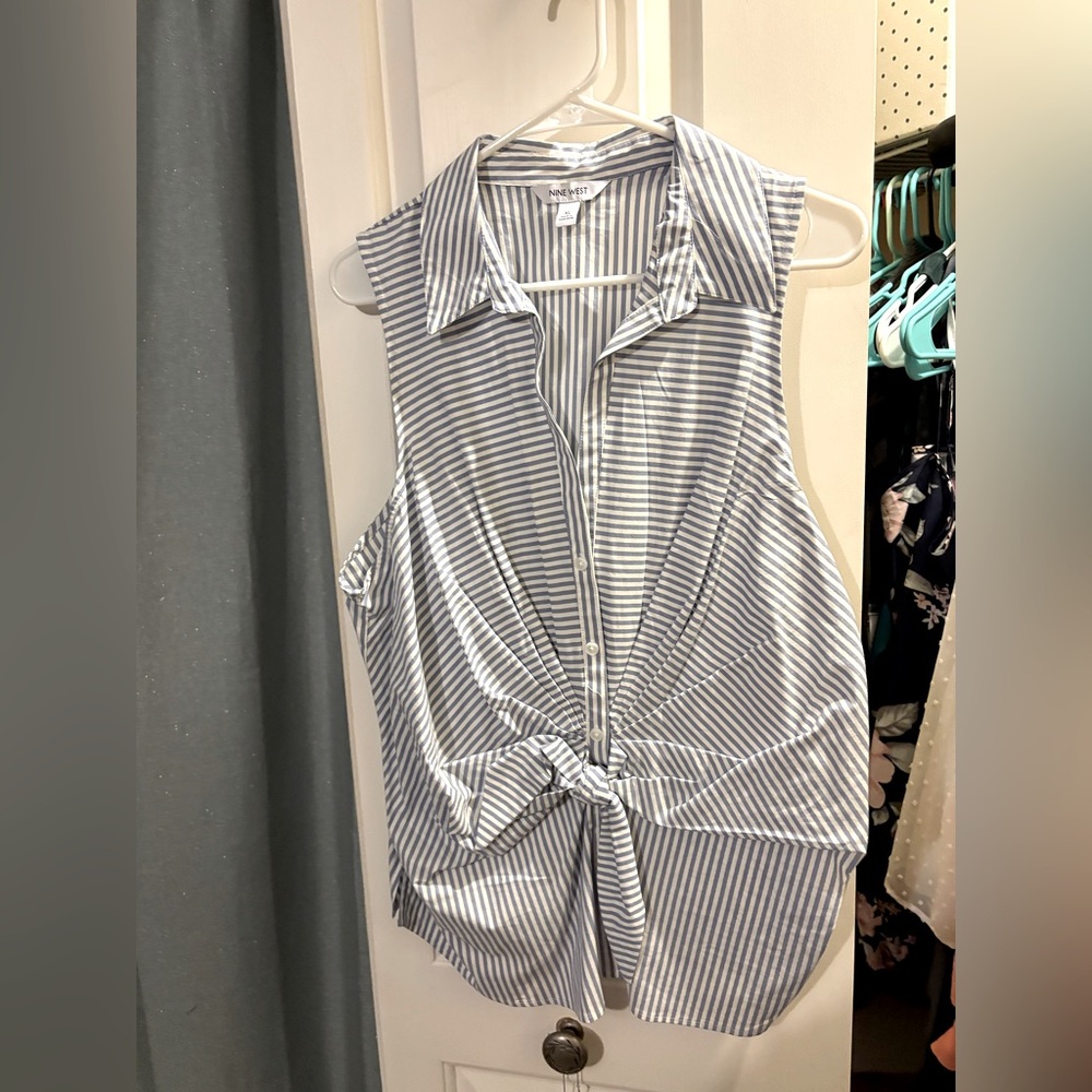 Nine West Blue and White Striped Sleeveless Blouse